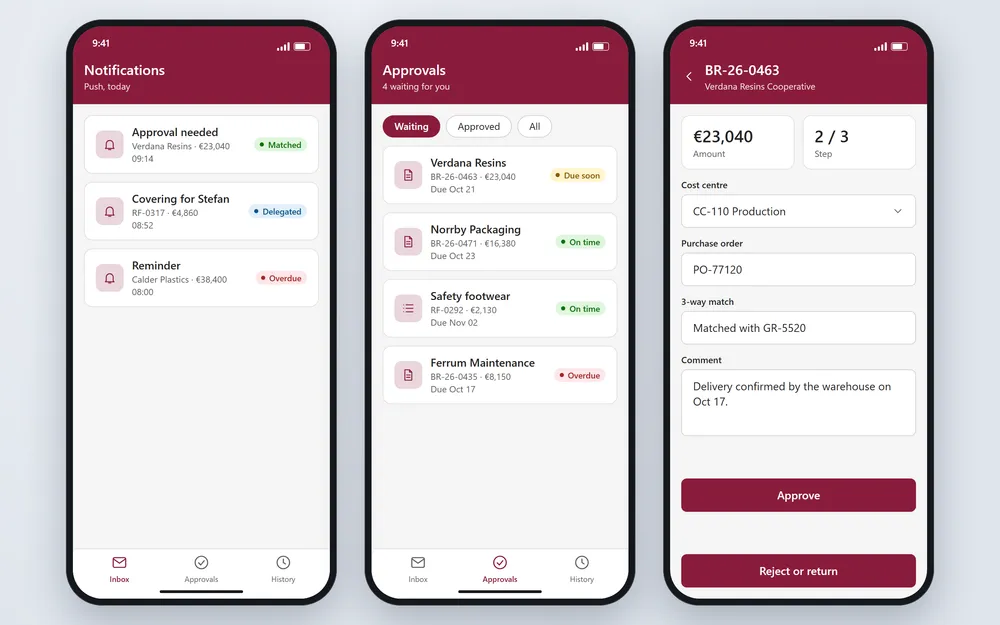 Three phone screens: push notifications, a list of items waiting for approval and an invoice with its match status and an Approve button.