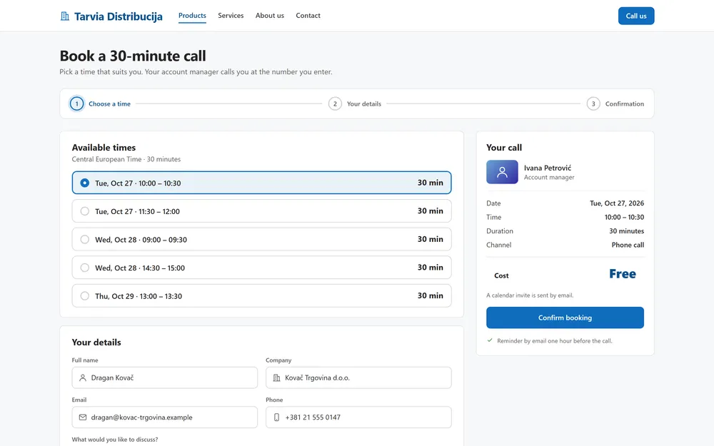 A public booking page where a visitor picks a 30-minute call slot and enters contact details, with a summary of the booked call.
