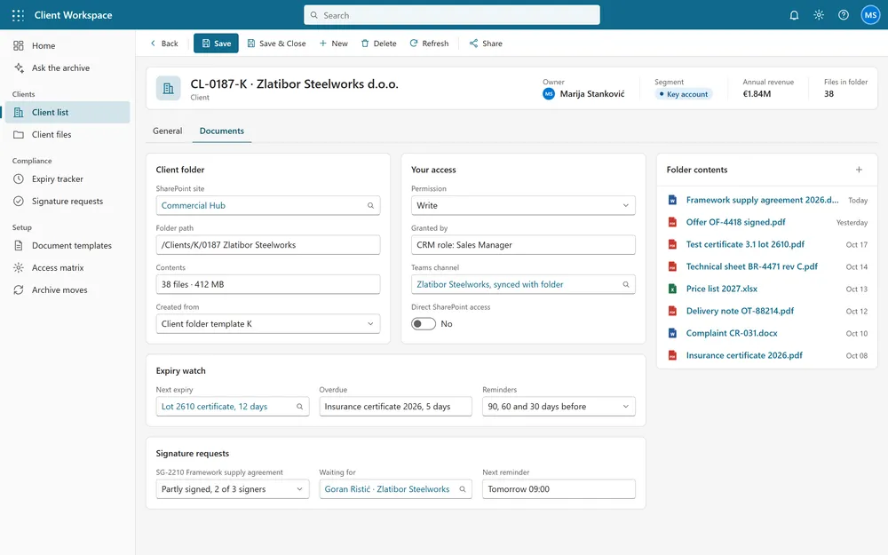 Client form in a CRM with a Documents tab showing the client folder, the user's access level, expiry watch and signature requests