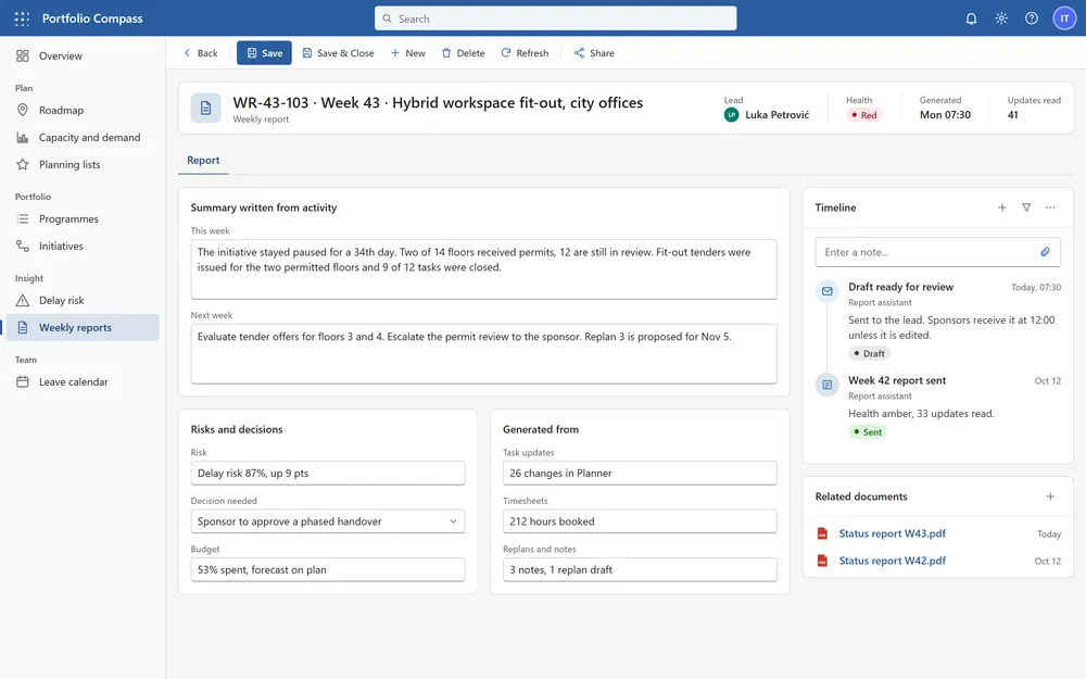 Weekly report form with a summary written from task and timesheet activity, risks and decisions, and the sources used