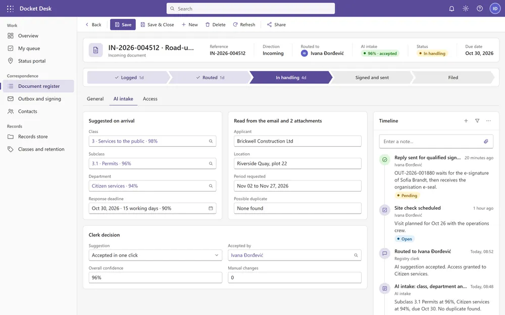 A document form on the AI intake tab with suggested class, subclass, department and deadline, each with a confidence score, and a timeline