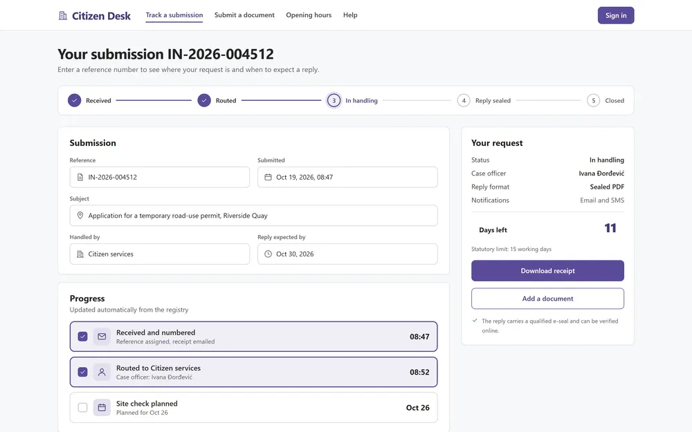 A self-service status page with a progress bar, submission details, a progress list and a sealed-reply note