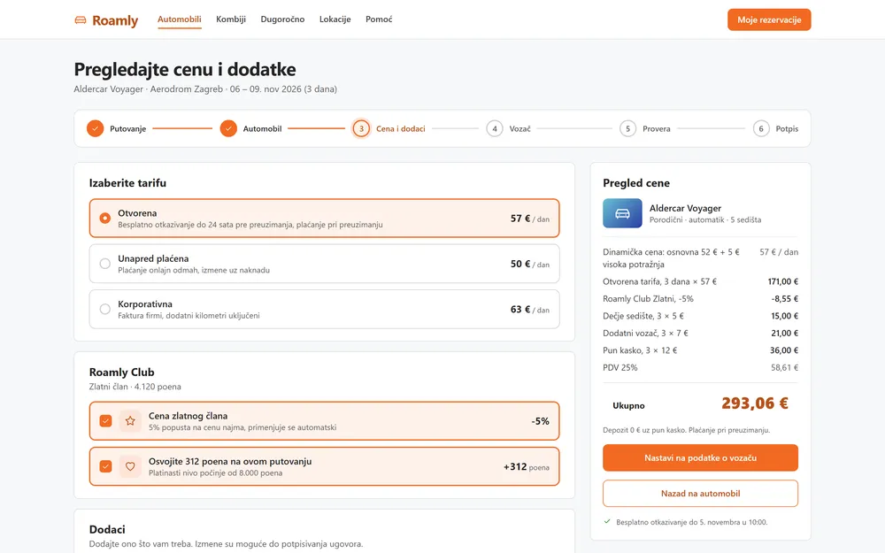 Korak 3 od 6 u prijavi za iznajmljivanje sa izborom tarife, odeljkom nivoa lojalnosti, opcionim dodacima i pregledom cene sa cenom po potražnji i popustom za članove.