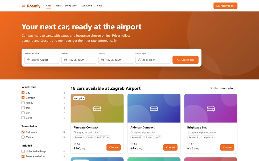 A vehicle rental website with a search for location and dates, a filter sidebar and vehicle cards showing price per day.